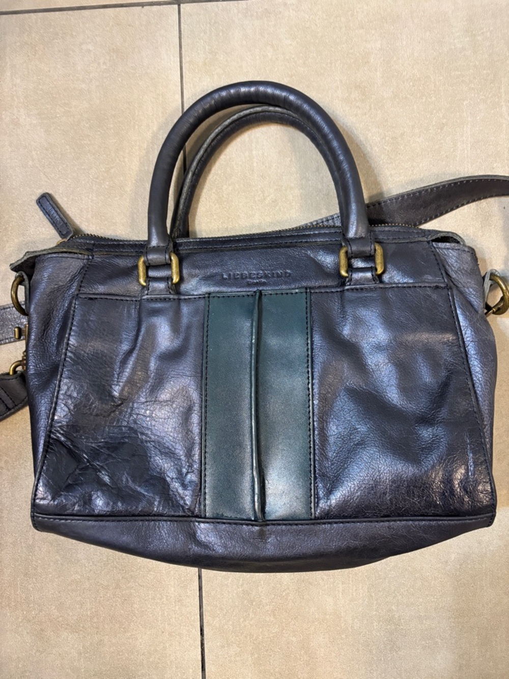 Liebeskind berlin navy metallic Leather Satchel with Green Stripe and crossbody